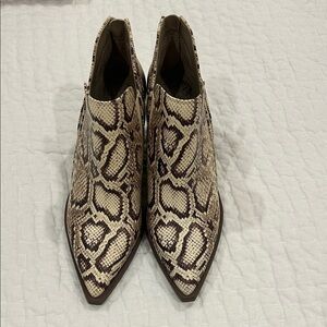 Vince Camuto Beige and Brown Snakeskin Pointed Ankle Booties